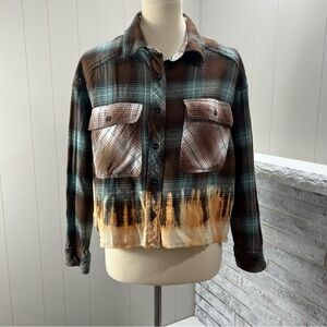 Oli & Hali Brown Turquoise Boxy Button Up Plaid Flannel Boho Long Sleeve Shirt S